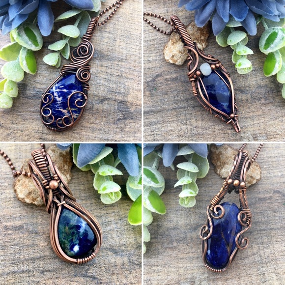 Sodalite copper wire wrapped pendant necklace - Picture 5 of 5